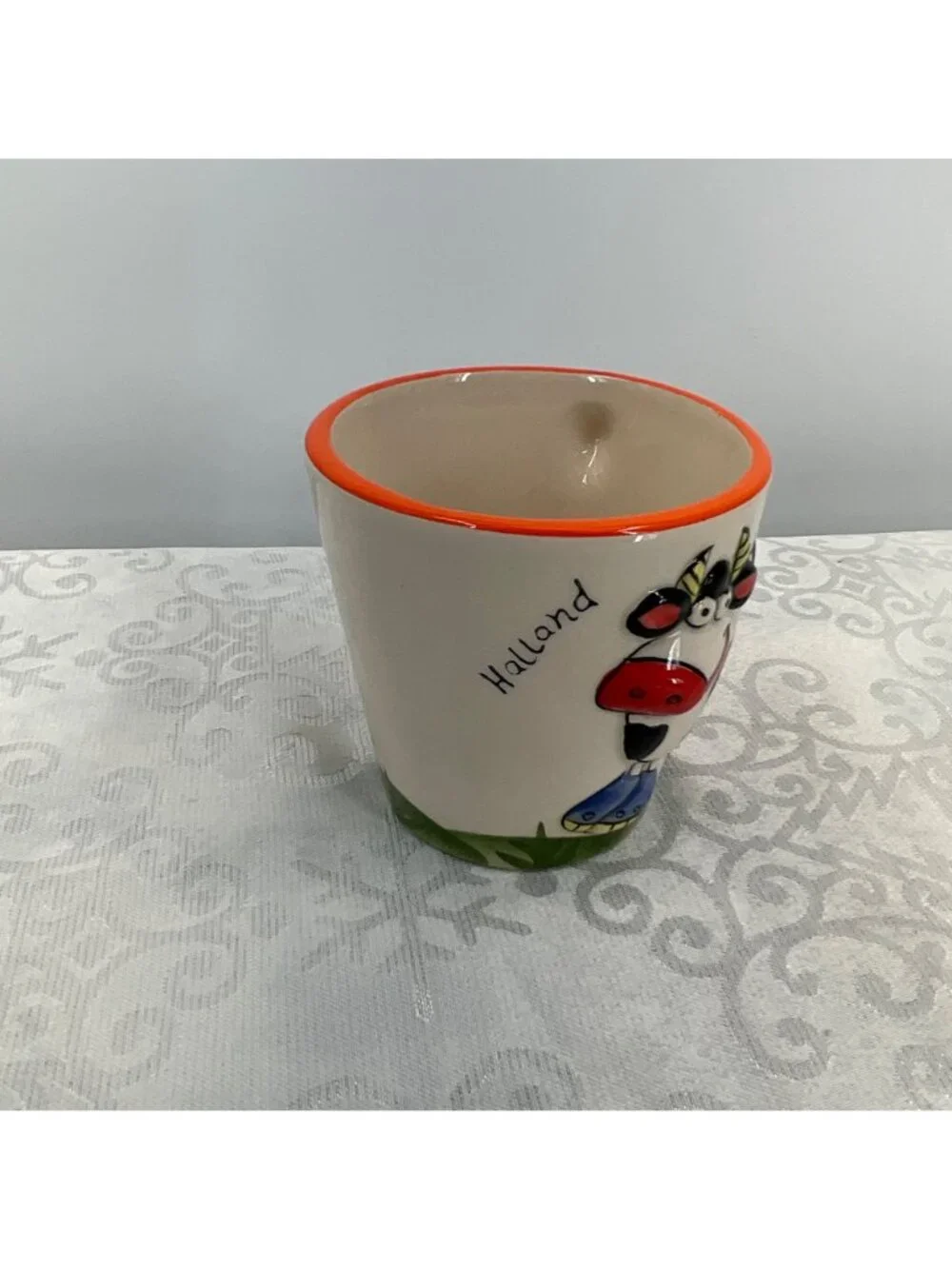 Hand painted Ceramic Cow Mug Holland Peek a Boo Mug Windmill Design Orange Rim &